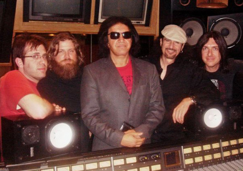 In the studio for 'BK3' (l-r): Jeremy Rubolino, engineer Kevin Churko, Gene Simmons, Bruce Kulick, and drummer Brent Fitz